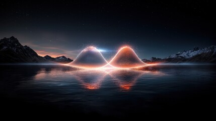 Luminous Waves and Energy Pulses Reflected on Calm Water with Mountain Silhouette under Starry Night Sky in a Dreamlike Landscape