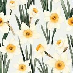 A Seamless Pattern A beautiful pattern of white and yellow daffodils in full bloom, symbolizing spring and renewal.