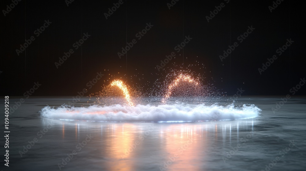 Poster stunning visual display of colorful sparks and water droplets erupting from a glossy surface with dr