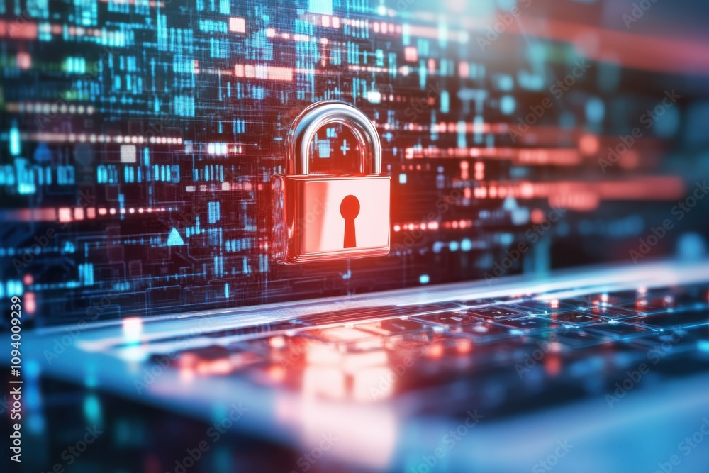 Poster a digital lock symbolizes security on a laptop keyboard, surrounded by vibrant data streams, illustr