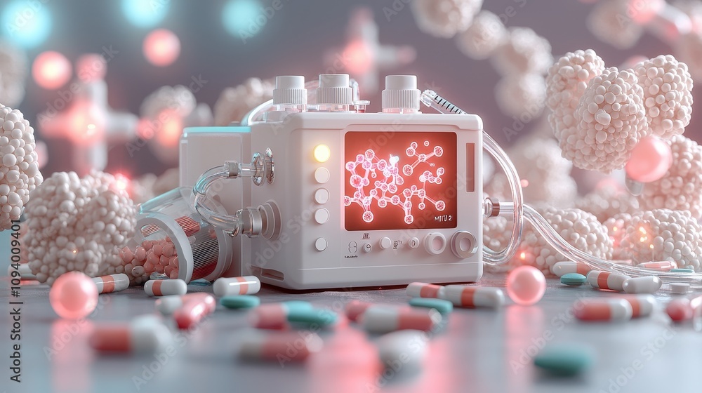 Aufkleber advanced medical technology displaying molecules with colorful pills and abstract background for pha