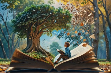 Niño sentado en un libro enorme, leyendo un libro. Dentro del libro enorme hay un árbol. Representa la imaginación del lector. 