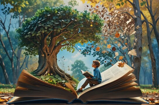 Ni&ntilde;o sentado en un libro enorme, leyendo un libro. Dentro del libro enorme hay un &aacute;rbol. Representa la imaginaci&oacute;n del lector. 