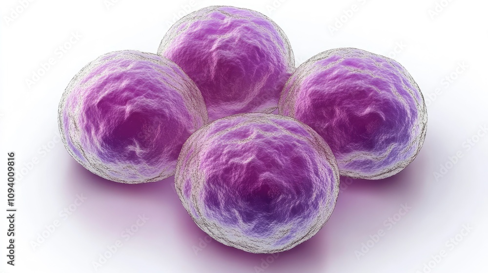 Poster four vibrant microorganisms displaying cellular structures with intricate detailing in shades of pur