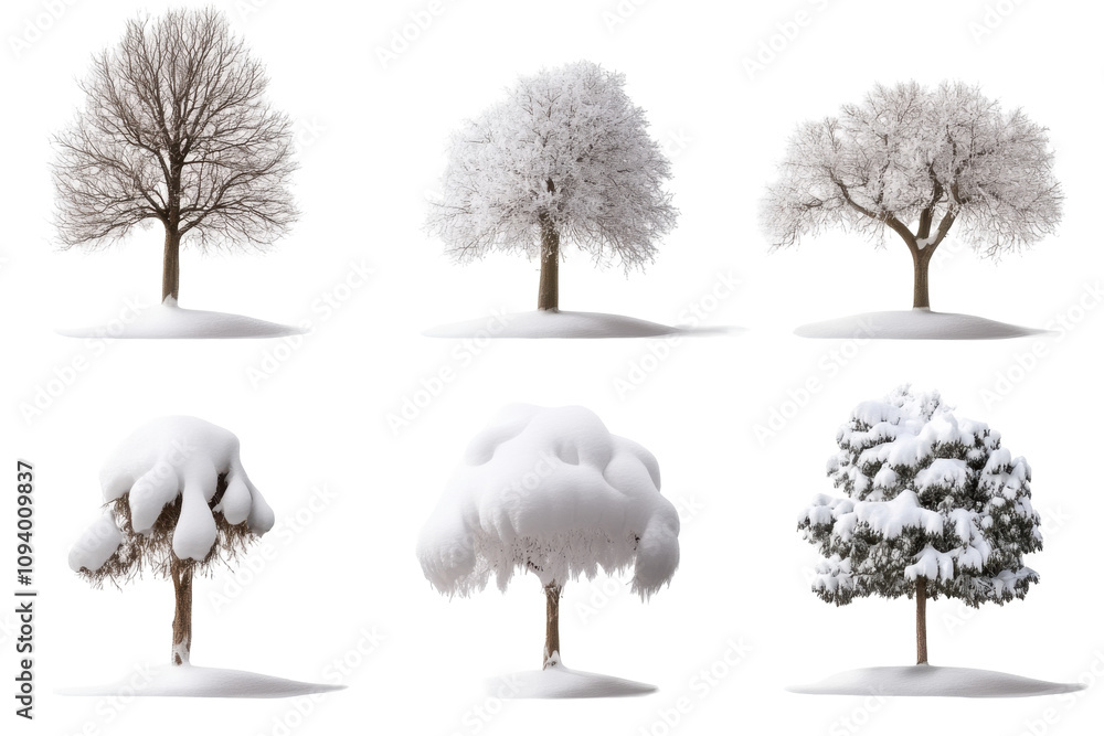 Poster six unique winter trees stand isolated, each adorned with snow. their distinct shapes and styles hig