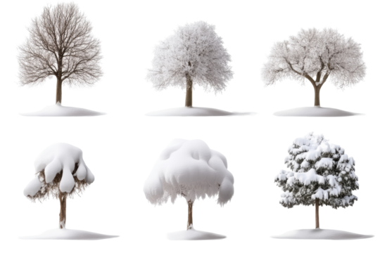 Six unique winter trees stand isolated, each adorned with snow. Their distinct shapes and styles highlight the tranquility and elegance of a winter landscape, perfect for various design uses