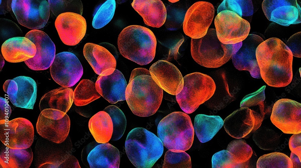 Poster colorful microscopic view of vibrant cells and particles on a dark background showcasing intricate p