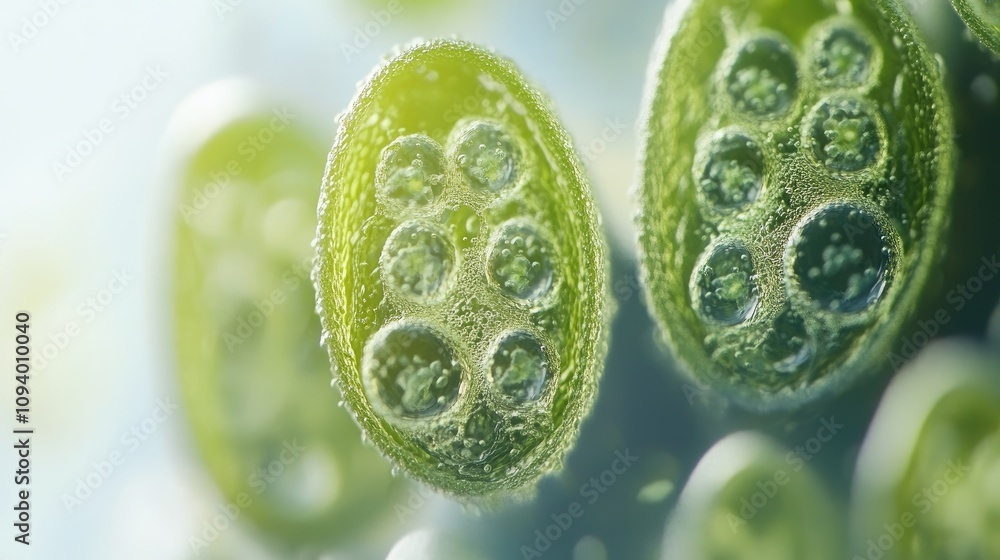 Aufkleber close-up view of green algae cells under microscopic examination displaying unique bubble structures