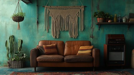 Cozy and Stylish Living Room Interior with Brown Leather Sofa, Macrame Wall Art, Green Textured Walls, Vintage Decor, and Lush Indoor Plants