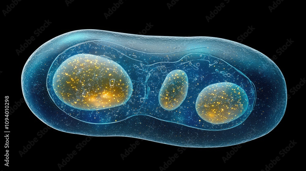 Poster microscopic view of eukaryotic cell structure with glowing organelles and intricate membrane feature