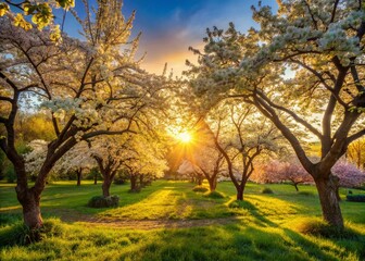 Obraz premium Spring Garden Serenity: Blooming Trees Bathed in Evening Sunlight, Capturing the Tranquil Beauty of Nature's Renewal in a Vibrant Landscape