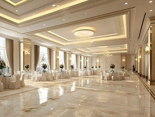 Minimalist wedding hall with sleek decor, perfect for a chic, modern wedding.
