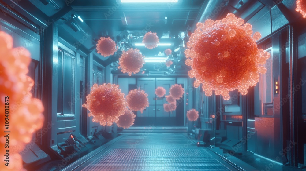 Poster close-up view of vibrant red and orange viruses floating in a high-tech laboratory environment, high
