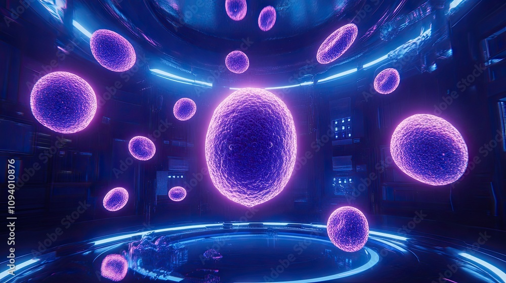 Poster futuristic visualization of abstract cells in a high-tech laboratory environment with neon lighting 