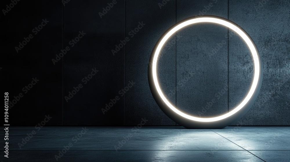 Poster modern minimalist background with circular light fixture casting soft glow in dark industrial space 