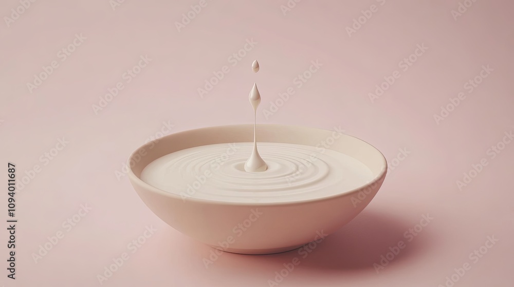 Aufkleber smooth cream surface in a white bowl with a droplet falling, creating gentle ripples on a soft pink 