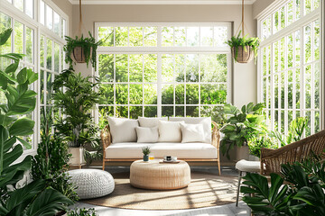 Sunroom Oasis: A Tranquil Garden Retreat. Lush Greenery, Comfortable Seating, and Natural Light Create a Peaceful Home Escape