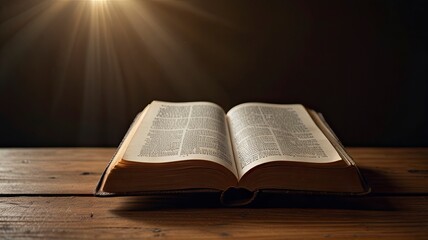 Fototapeta premium Open Bible on a wood table with light coming from above. ( Church concept. ai