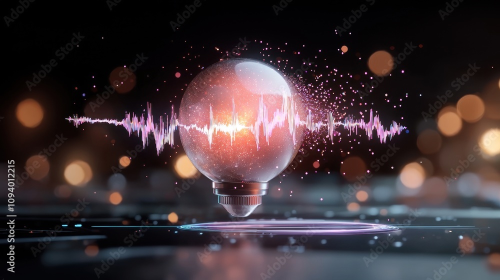 Poster creative concept of sound waves visualization with colorful light bulb surrounded by shimmering part
