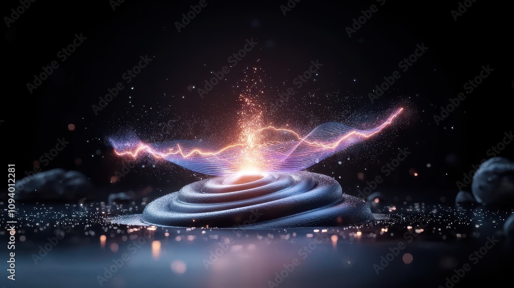 Poster vibrant energy wave emanating from a central sphere in a dark atmosphere with sparkling particles an