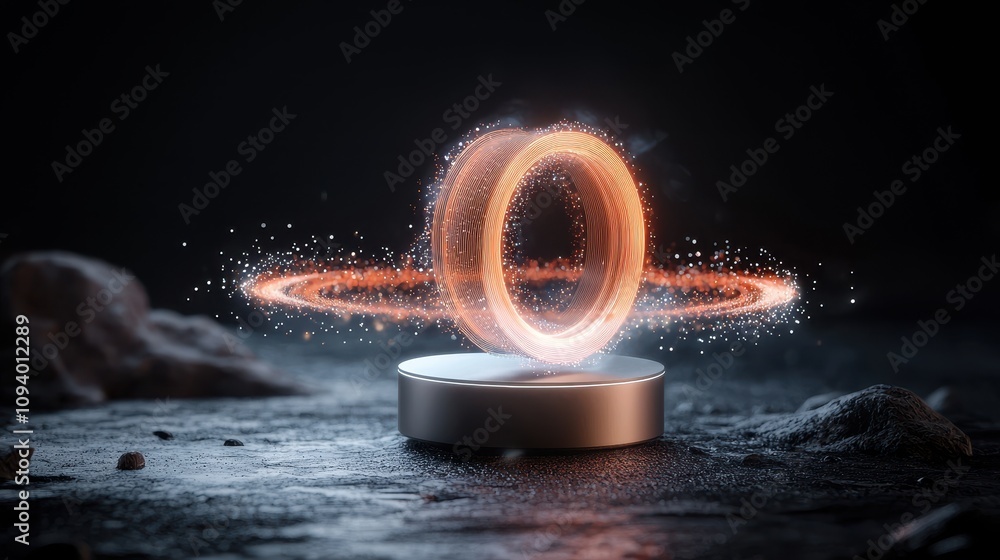 Poster futuristic abstract 3d render of a floating energy ring with sparkles, illuminating a dark surface i