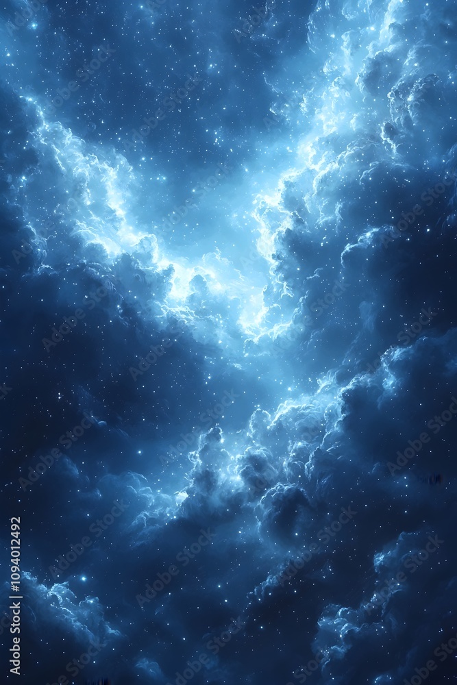 Poster a mesmerizing view of a night sky filled with ethereal blue clouds and twinkling stars, creating a s
