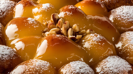 A close-up shot reveals a baked good featuring numerous round, glazed pastries arranged in a circular pattern.  The pastries are coated in a glossy, amber-colored glaze and dusted with powdered sugar.