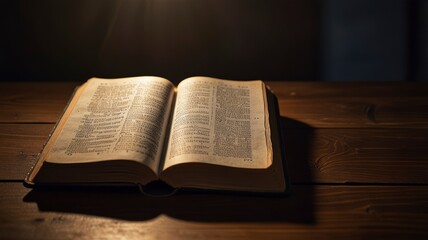 Obraz premium Open Bible on a wood table with light coming from above. ( Church concept. ai