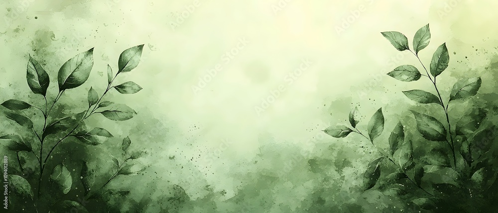 Poster a serene abstract background featuring soft green hues and delicate foliage, creating a tranquil and