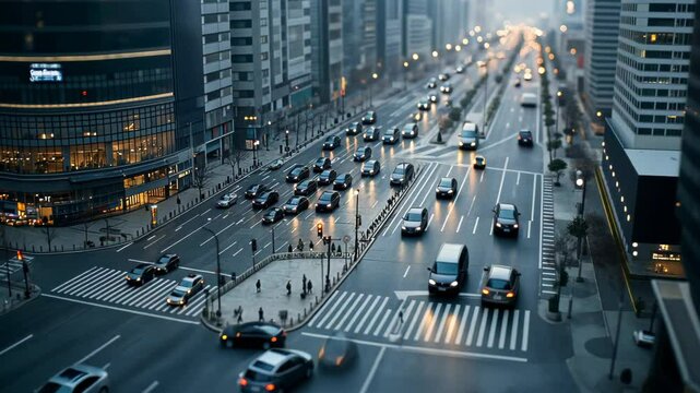High-angle view of major city avenue during blue hour transition. Traffic and pedestrians create parallel movement patterns beneath towering buildings. 