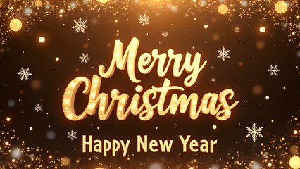 Merry Christmas and Happy New Year greeting card with golden text and bokeh lights. Concept of winter holidays, celebration, and festive season.