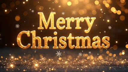 Merry Christmas golden text with bokeh lights. Concept of winter holidays, celebration, and festive season.