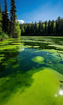 Algae Blooms Covering Polluted Lake Surface