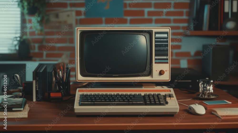 Poster Vintage Desktop Computer Displaying Retro Design in Cozy Workspace with Books and Stationery Elements for Nostalgic Technology Theme