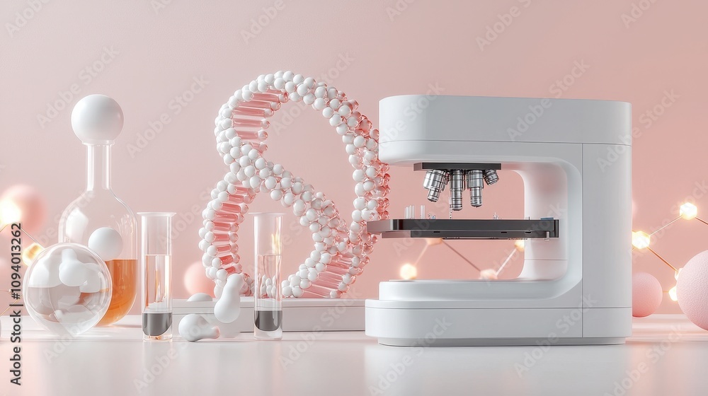 Aufkleber modern laboratory setup with microscope, dna model and laboratory glassware on table against soft pi