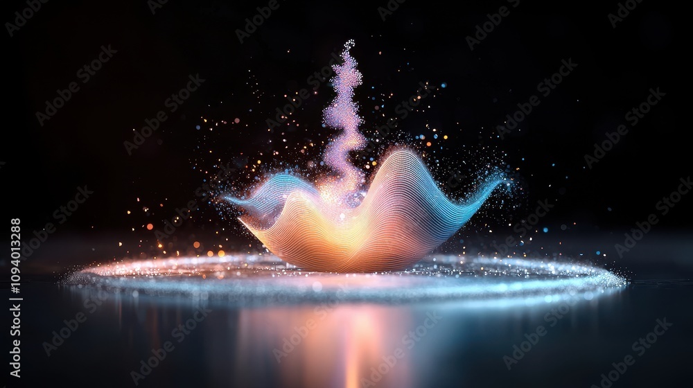 Poster abstract waves of colorful light emanating from a central source creating an enigmatic visual effect
