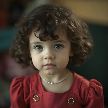 Ni&ntilde;a encantadora de rizos oscuros llevando un encantador overol rojo.