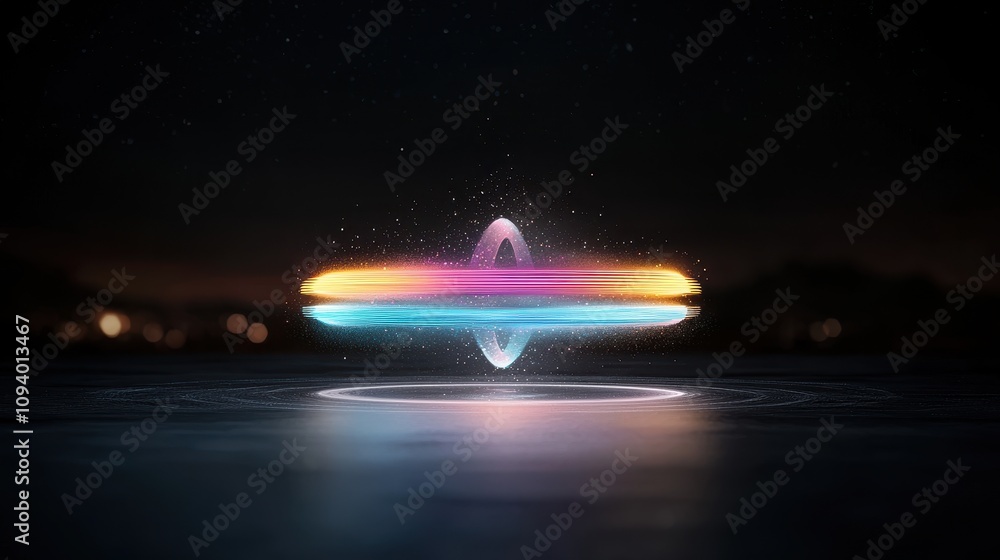 Poster abstract glowing ring in dark space with vibrant neon colors, creating a futuristic and visually str