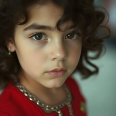 Hermosa ni&ntilde;a de cabello ondulado con un estiloso overol rojo.