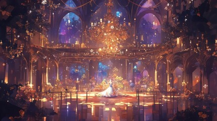 Obraz premium The sparkling chandelier in the ballroom created vibrant reflections on the polished dance floor adding an extra touch of elegance to the evening soiree.