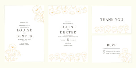Wedding invitation card template with poppy flowers. Vector illustration.