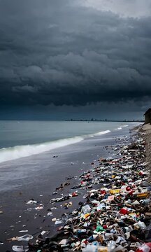 Dark Skies Over Trash-Strewn Shoreline