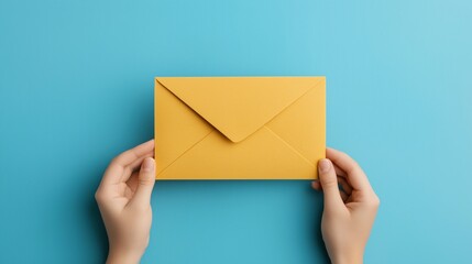 startup hiring concept. A person holding a yellow envelope against a vibrant blue background, symbolizing communication and connection.