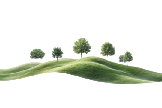 A tranquil panorama featuring rolling green hills dotted with trees on a pristine background, showcasing the beauty of nature and serenity in a minimalist setting