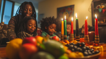 family gathered around a table with burning Kinara candles in red, black, and green, surrounded by traditional African decorations and fresh fruit, kwanza day, Ai generated images