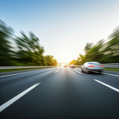 A speeding car blurs on the asphalt of a highway