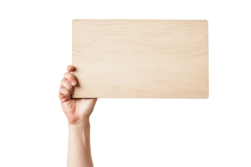 A hand grips a blank wooden sign, designed for demonstrations or announcements, set against a transparency background, ideal for graphic design purposes