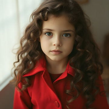 Bella ni&ntilde;a de cabello rizado usando un encantador overol rojo.