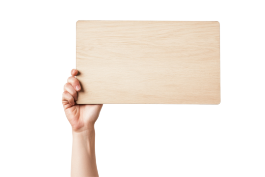 A hand grips a blank wooden sign, designed for demonstrations or announcements, set against a transparency background, ideal for graphic design purposes - Powered by Adobe