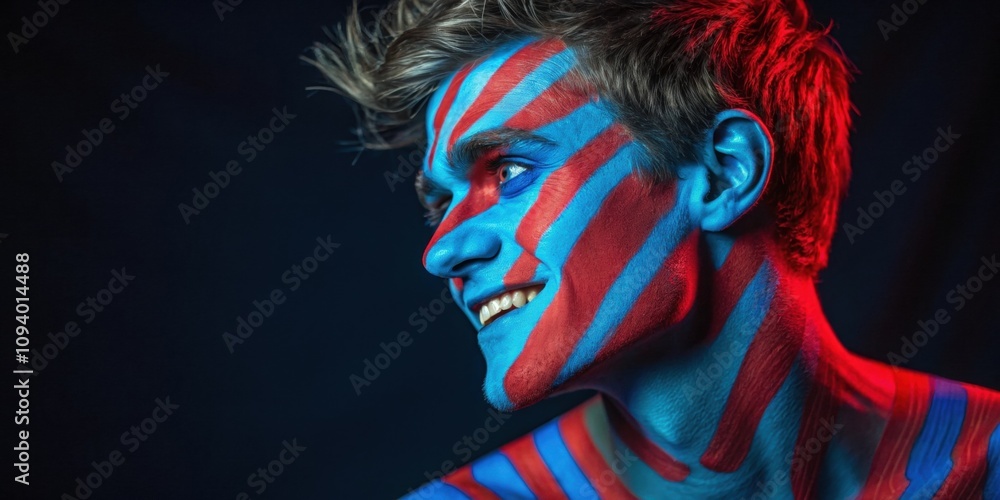 Poster an ethereal image of a young man whose face is a canvas of neon colors featuring bold stripes of ele
